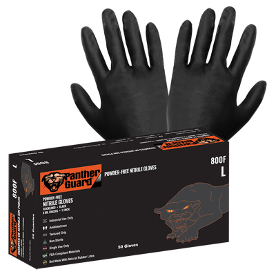 Panther-Guard Heavyweight Nitrile, Powder-Free, Industrial-Grade, Black, 8-Mil, Flock Lined, Textured Fingertips, 11-Inch Disposable Gloves 2XL
