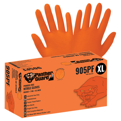 Panther-Guard Heavyweight Nitrile, Powder-Free, Industrial-Grade, High-Visibility Orange, 7-Mil, Tractor Tread Pattern, 9.5-Inch Disposable Gloves 2XL