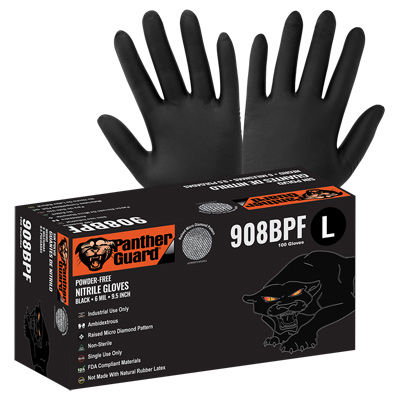 Panther-Guard Heavyweight Nitrile, Powder-Free, Industrial-Grade, Raised Micro-Diamond Pattern, Black, 6-Mil, 9.5-Inch Disposable Gloves L