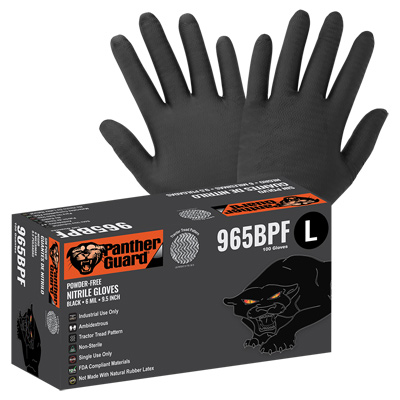Panther-Guard Heavyweight Nitrile, Powder-Free, Industrial-Grade, Black, 6-Mil, Tractor Tread Pattern, 9.5-Inch Disposable Gloves 2XL