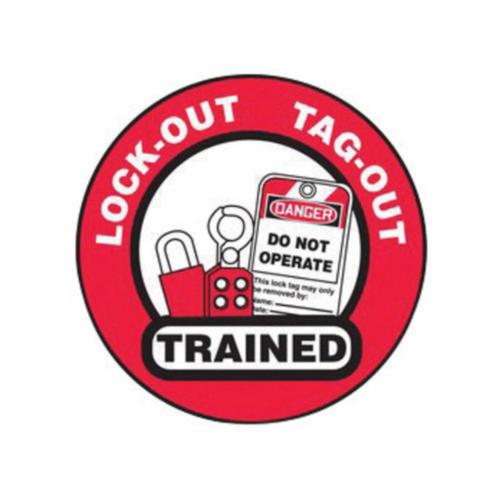 Accuform LHTL344 Hard Hat Sticker, 2-1/4 in L x 2-1/4 in W, LOCK OUT TAG-OUT TRAINED Legend, Black/Red/White, Adhesive Vinyl, 10 per Pack Labels