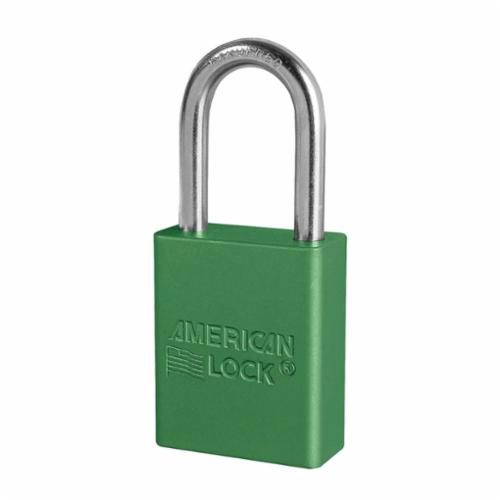 American Lock A1106GRN Safety Padlock, Different Key, Green, Anodized Aluminum Body, 1/4 in Dia x 1-1/2 in H x 25/32 in W Polished Chrome Boron Alloy Steel Shackle, Conductive Conductivity