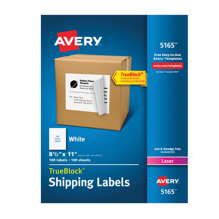 Avery TrueBlock 5165 Rectangular Shipping Label, 8-1/2 in H x 11 in W, Blank Legend, White, Paper