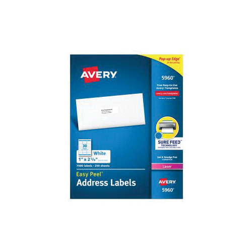 Avery Easy Peel 5960 Rectangular Address Label, 1 in H x 2-5/8 in W, Blank Legend, White, Paper