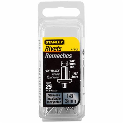 Stanley PTT42 Blind Rivet, 1/8 in Dia, 1/8 in Grip, Stainless Steel