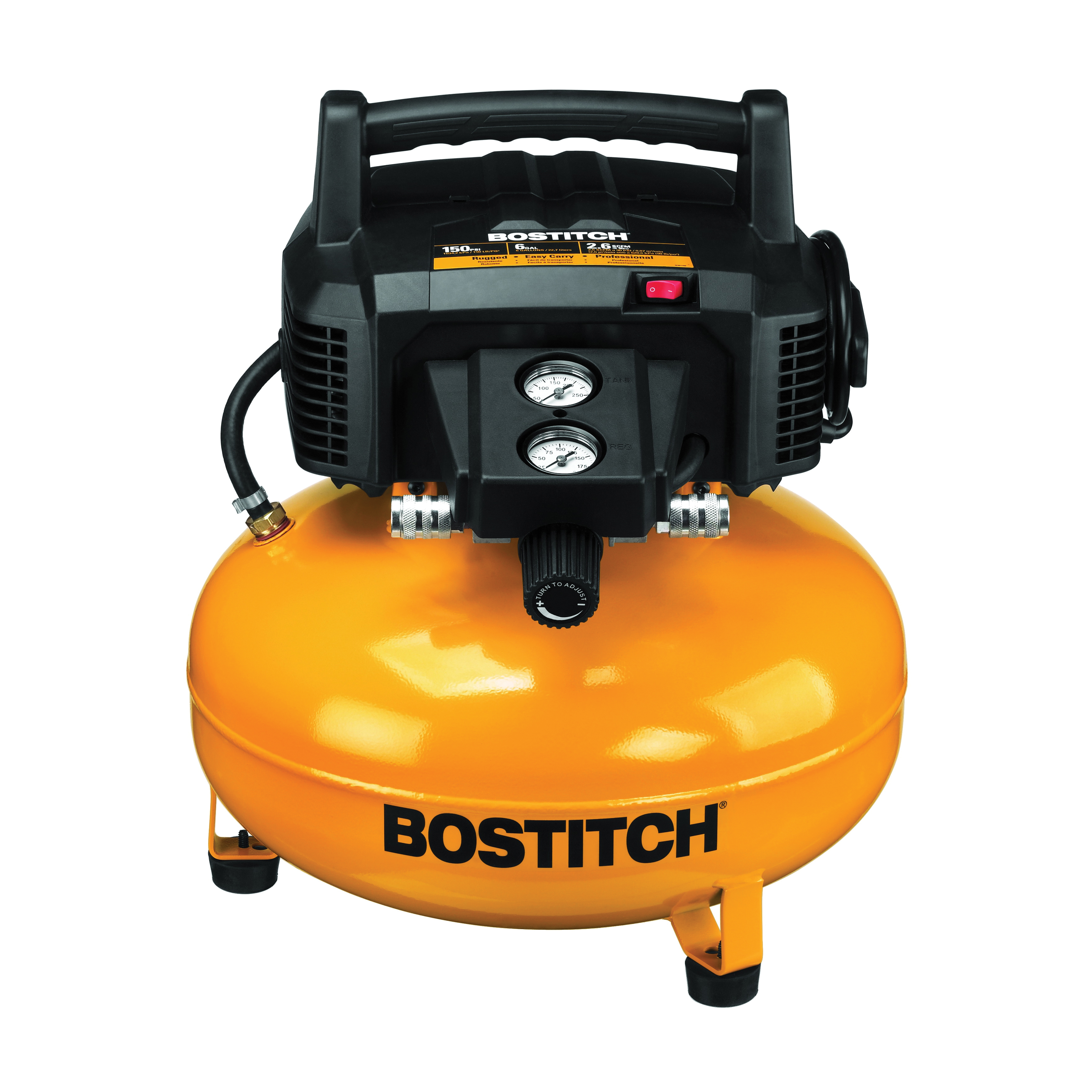 Bostitch BTFP02012 Oil Free Portable Electric Air Compressor, 3.7 scfm at 40 psi, 0.8 hp, 150 psi, Vertical/Pancake 6 gal Tank