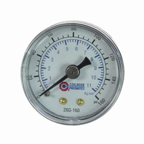 Coilhose 26G-160 Analog Dry Round Pressure Gauge, 0 to 160 psi Pressure, 1/8 in NPT Connection, 1-1/2 in Dia Dial, +/- 3-2-3 % Accuracy