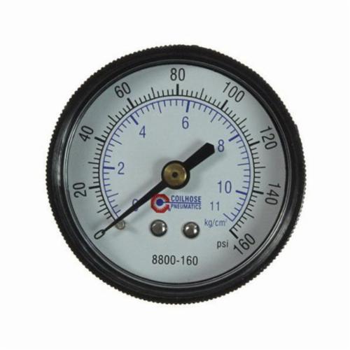 Coilhose 8800-160 Analog Dry Round Pressure Gauge, 0 to 160 psi Pressure, 1/4 in NPT Connection, 2 in Dia Dial, +/- 3-2-3 % Accuracy