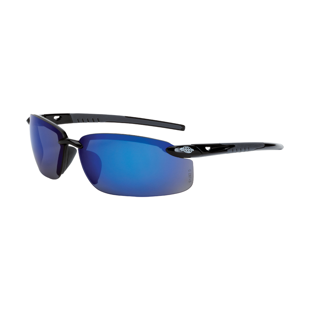 CrossFire 2968 Premium Ultra Lightweight Safety Eyewear, Hard Coated, Blue Mirror Lens, Frameless/Wrap Around Frame, Shiny Black, Plastic Frame, Polycarbonate Lens, ANSI Z87.1+