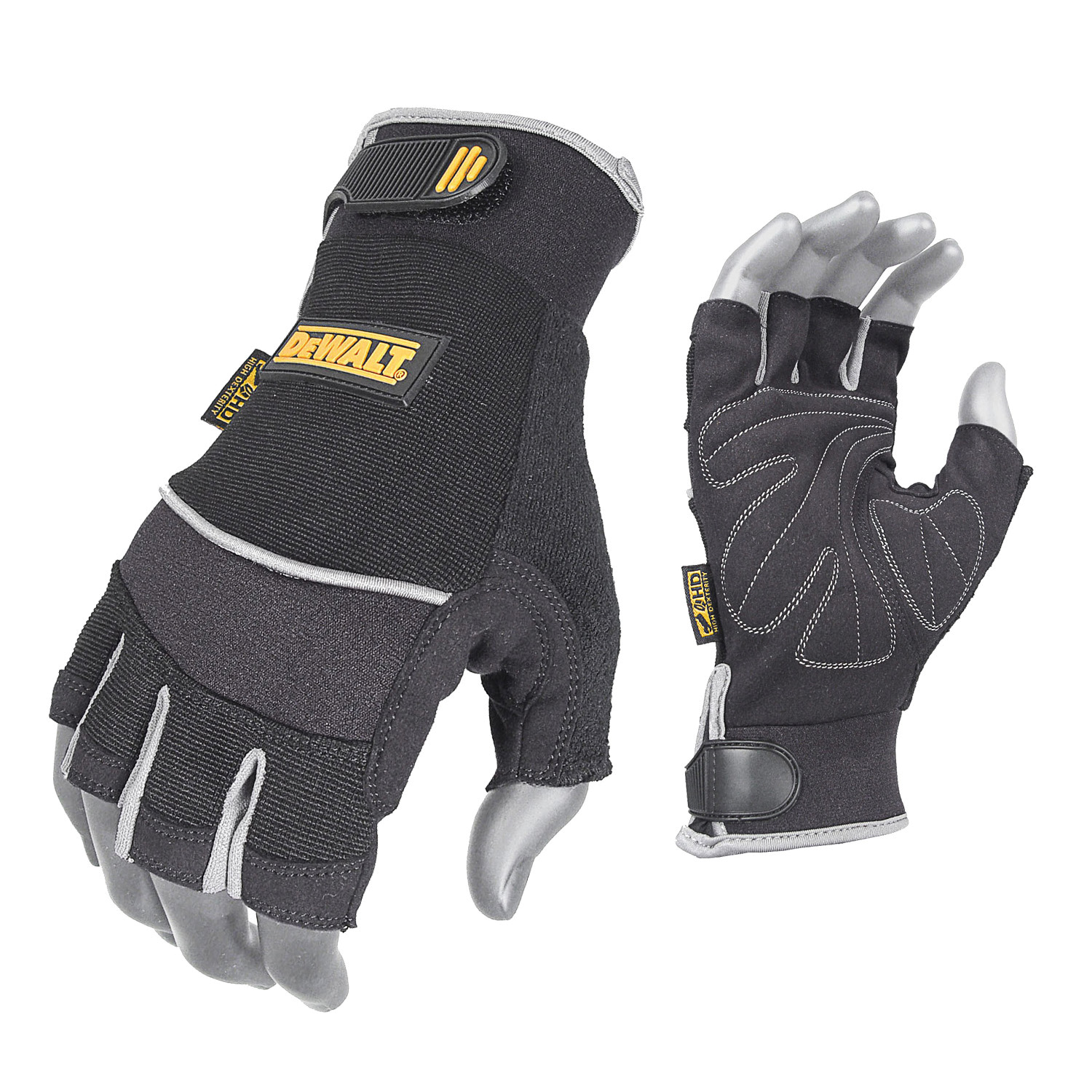 DeWALT by Radians DPG230L Machine Washable General Purpose Gloves, Technician, Fingerless Style, L, Synthetic Leather Palm, Nylon/Spandex, Black, Resists: Abrasion, Oil and Water