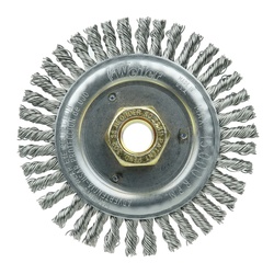 Dually 79811 Root Pass Weld Cleaning Brush, 4-1/2 in Dia Brush, 3/16 in W Face, 0.02 in Dia Stringer Bead Knot Filament/Wire, 5/8-11 UNC Arbor Hole