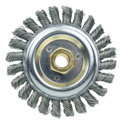 Dually 79813 Filler Pass Weld Cleaning Brush, 5 in Dia Brush, 1/2 in W Face, 0.023 in Dia Stringer Bead Knot Filament/Wire, 5/8-11 UNC Arbor Hole