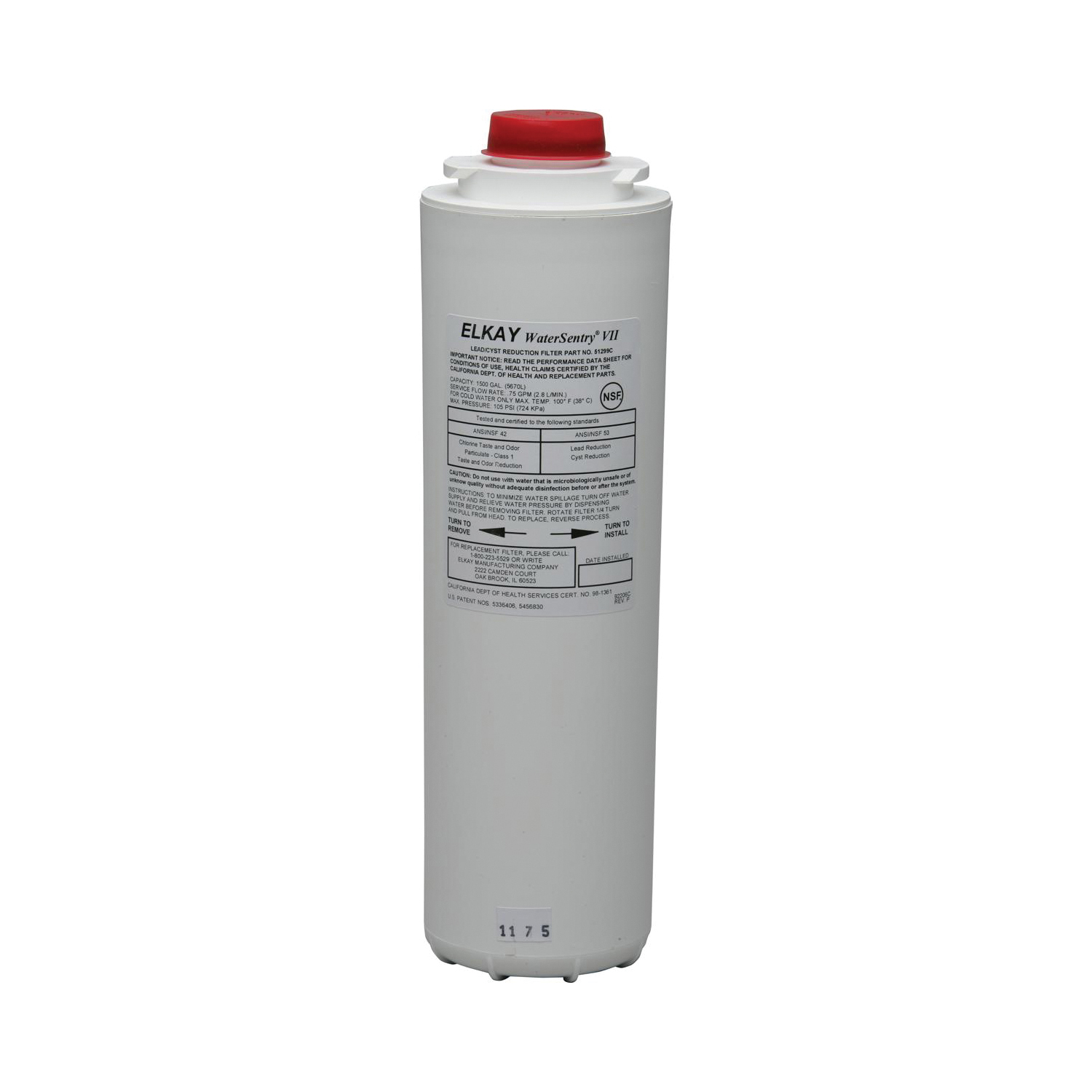 Elkay 51299C WaterSentry Collection Replacement Filter, 3-1/4 in L x 3-1/4 in W x 12 in H, ABS, Domestic