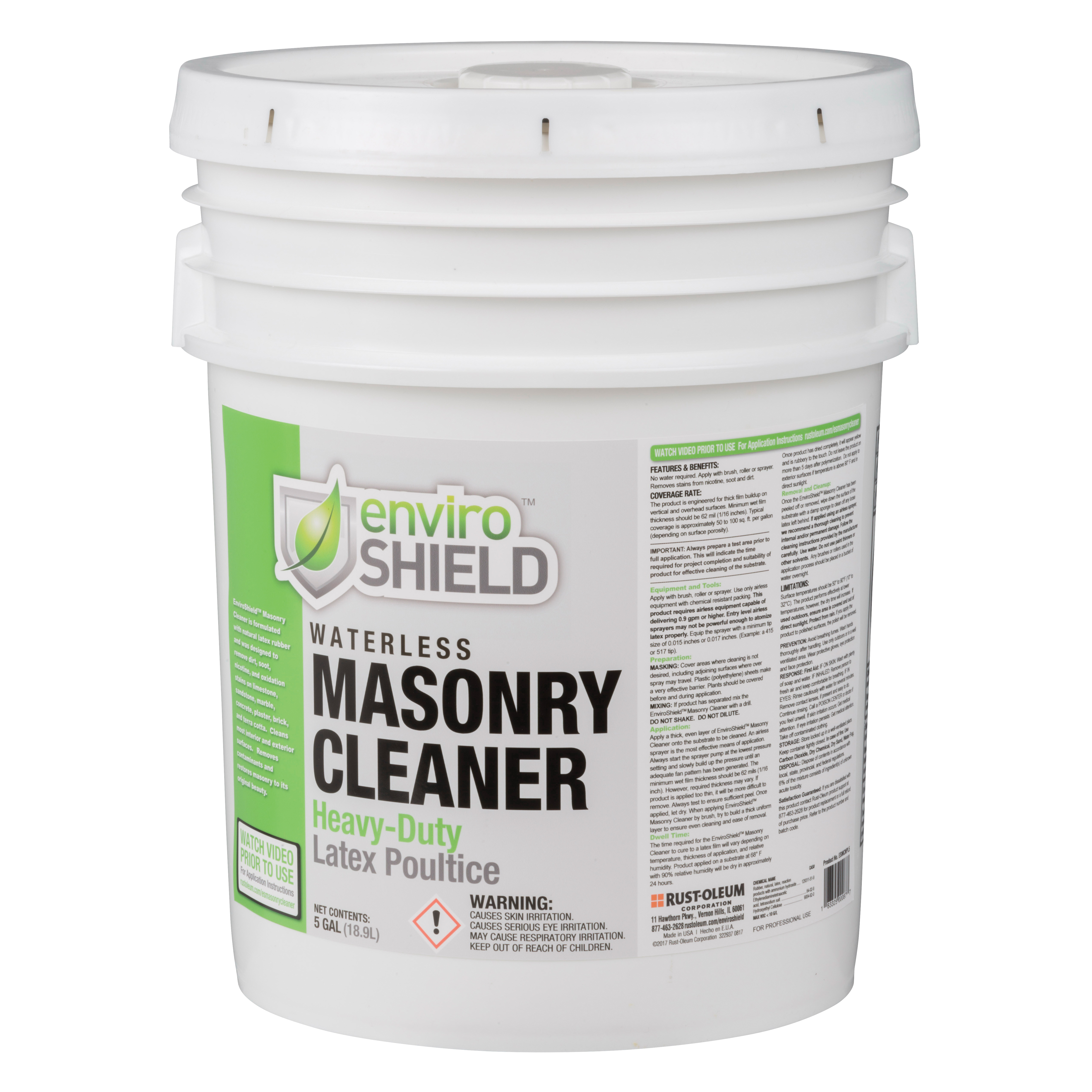 EnviroShield ESMCNPL5 Heavy Duty Waterless Masonry Cleaner, 5 gal Pail, 50 to 100 sq-ft/gal Coverage, Liquid Form