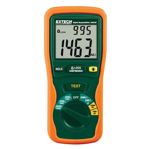 Extech 380260-NIST Autoranging Mega-Ohm Meter, 250/500 V, 1000 VDC Earth, 1 mA, Dual Digital Backlit LCD Display, AA Battery