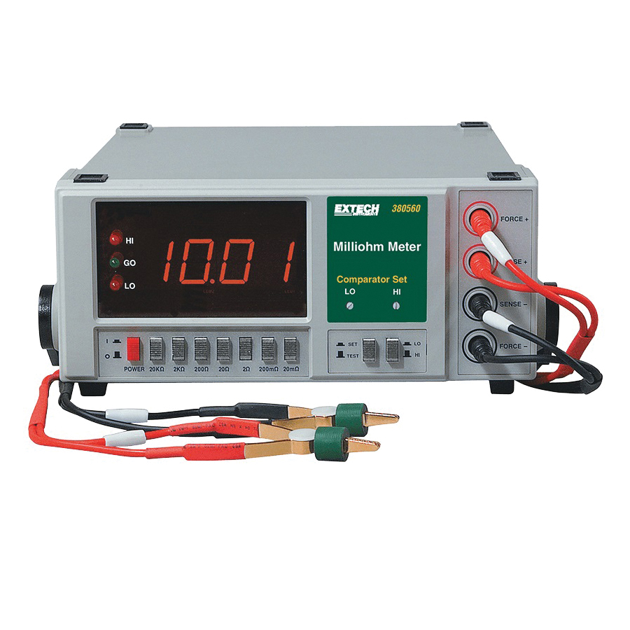Extech 380560-NIST Precision Milli-Ohm Meter, 2.7/3.3/3.5/4.1/4.5 VDC Earth, 1 A, 1/10/100 mA, 10/100 uA, 50/60 Hz, LED Display, Power Cord