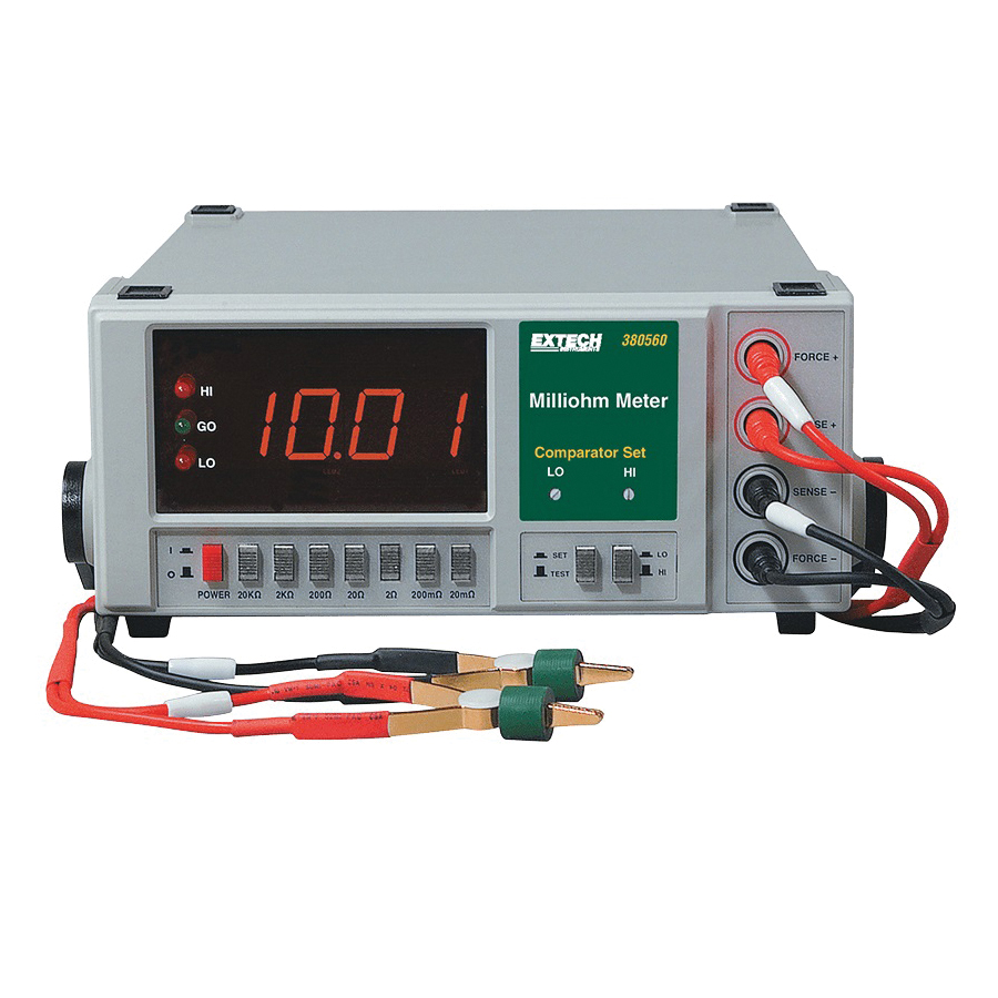 Extech 380562-NIST Precision Milli-Ohm Meter, 2.7/3.3/3.5/4.1/4.5 VDC Earth, 1 A, 1/10/100 mA, 10/100 uA, 50/60 Hz, LED Display, Power Cord
