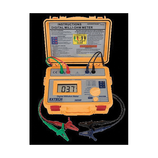 Extech 380580 Milliohm Meter, 1 to 100 mA, LCD Display, (8) 1.5 VDC AA Batteries