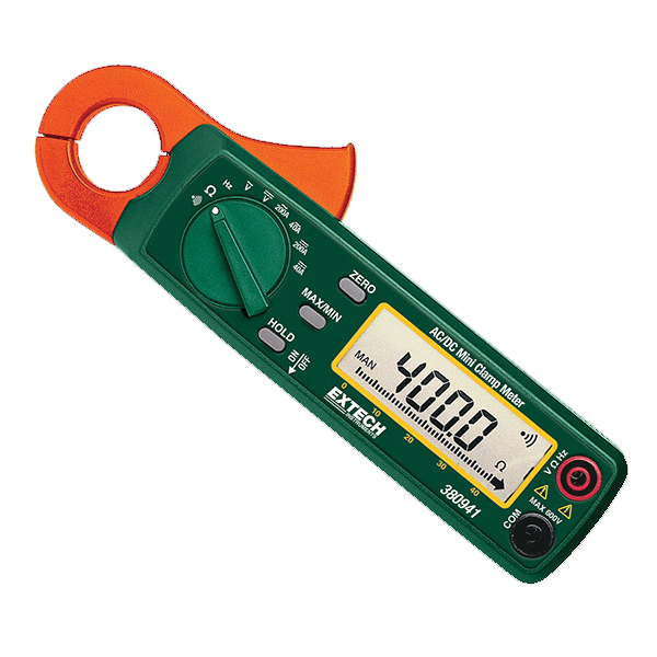 Extech 380941-NIST AC/DC Mini Clamp Meter, 400 VAC/VDC, 40/200 A AC/DC, 400 Ohm, 100 kHz, 0.9 in Jaw, 3-3/4 Digit Large LCD Display