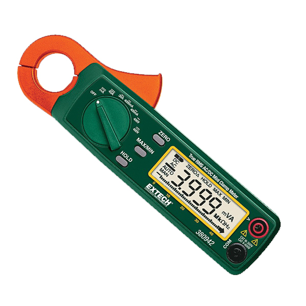 Extech 380942-NIST AC/DC Mini Clamp Meter, 400 VAC/VDC, 4/30 A, 400 mA AC, 4/40 A DC, 10 kHz, 0.9 in Jaw, 3-3/4 Digit Large LCD Display
