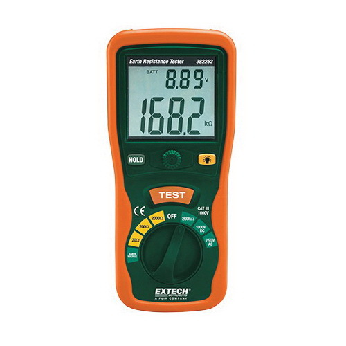 Extech 382252 Earth Ground Resistance Tester Kit, 0 to 200 VAC Earth, <2.5 mA, 50 to 400 Hz, Large Dual Backlit Display, 1.5 VDC AA Battery