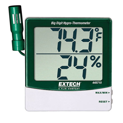 Extech 445715-NIST Big Digit Hygro Thermometer With Remote Probe, 14 to 140 deg F, 10 to 99 % Humidity, LCD Display, 1 in Digit, 18 in L Cord