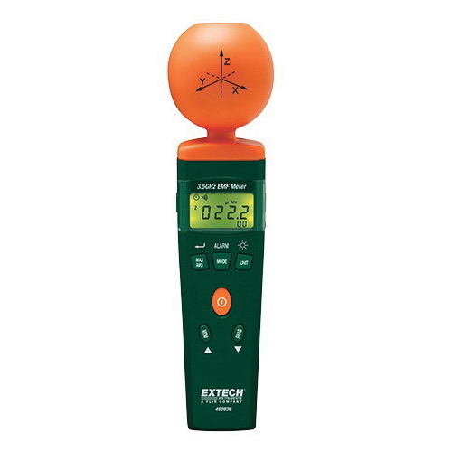 Extech 480836 RF/EMF Strength Meter, 20 to 108 V/m, 53 to 286.4 mA/m, 1 uW/sq-m to 30.93 W/sq-m and 0 uW/sq-cm to 3.093 mW/sq-cm, 50 MHz to 3.5 GHz, 4 Digit LCD Display