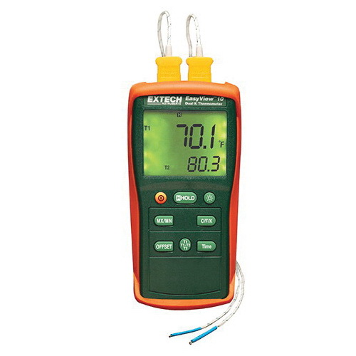 Extech EasyView EA10 Compact Thermometer Kit, K Thermocouple, 2 Inputs, -200 to 1999 deg F/-200 to 1360 deg C, +/-0.3% Reading +2 deg F, +/-0.5% Reading +2 deg F, +/-0.3% Reading + 5 deg C, +/-0.3% Reading +1 deg C, +/-0.5% Reading +1 deg C Accuracy