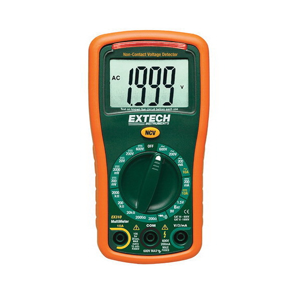 Extech EX310 9-Functions Digital Mini Manual Ranging Multimeter With 100 to 600 VAC Non-Contact Voltage Detector, 0.1 to 600 VAC, 0.1 mV to 600 VDC, 0.01 mA to 10 A AC/DC, 0.1 Ohm to 2000 kOhm, 2000 Count Large Digital LCD Display