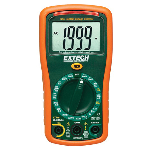 Extech EX310-NIST EX300 9-Function Compact Mini Manual Ranging Digital Multimeter With Battery Test Function and Calibration Traceable, 0.1 to 600 VAC, 0.1 mV to 600 VDC, 0.1 mA to 10 A AC/DC, 0.1 Ohm to 2000 kOhm, 2000 Count Large Digital LCD Display