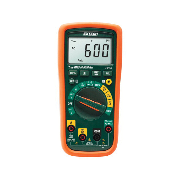 Extech EX350 11-Function Professional True RMS Multimeter, 600 VAC/VDC, 10 A, 40 MOhm, 60 uF, 100 MHz Measuring, 600 VAC/VDC, 10 A, 40 MOhm, LCD Backlit Display
