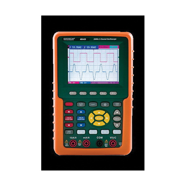 Extech MS420 2-Channel Handheld Oscilloscope, 20 MHz, Color LCD Display, 100 MS/s, CAT II 400V, Rechargeable Lithium-Ion Battery