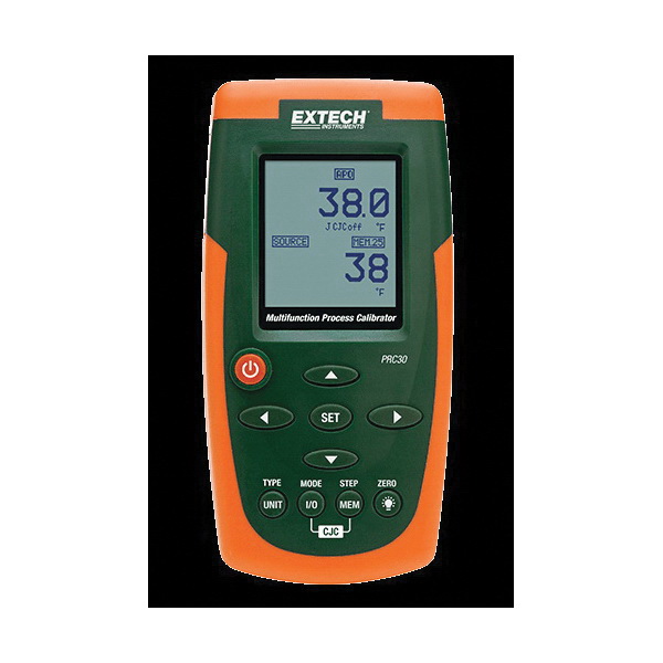 Extech PRC30-NIST Multi-Function Calibrator, 0 to 1999 mVDC and 0 to 20 VDC Source, 0 to 2000 mVDC, 2 to 20 VDC Measure, 0 to 24 mA DC Source/0 to 50 mA DC Measure, Dot Matrix Backlit Digital LCD Display, (6) AA Batteries, AC Adapter
