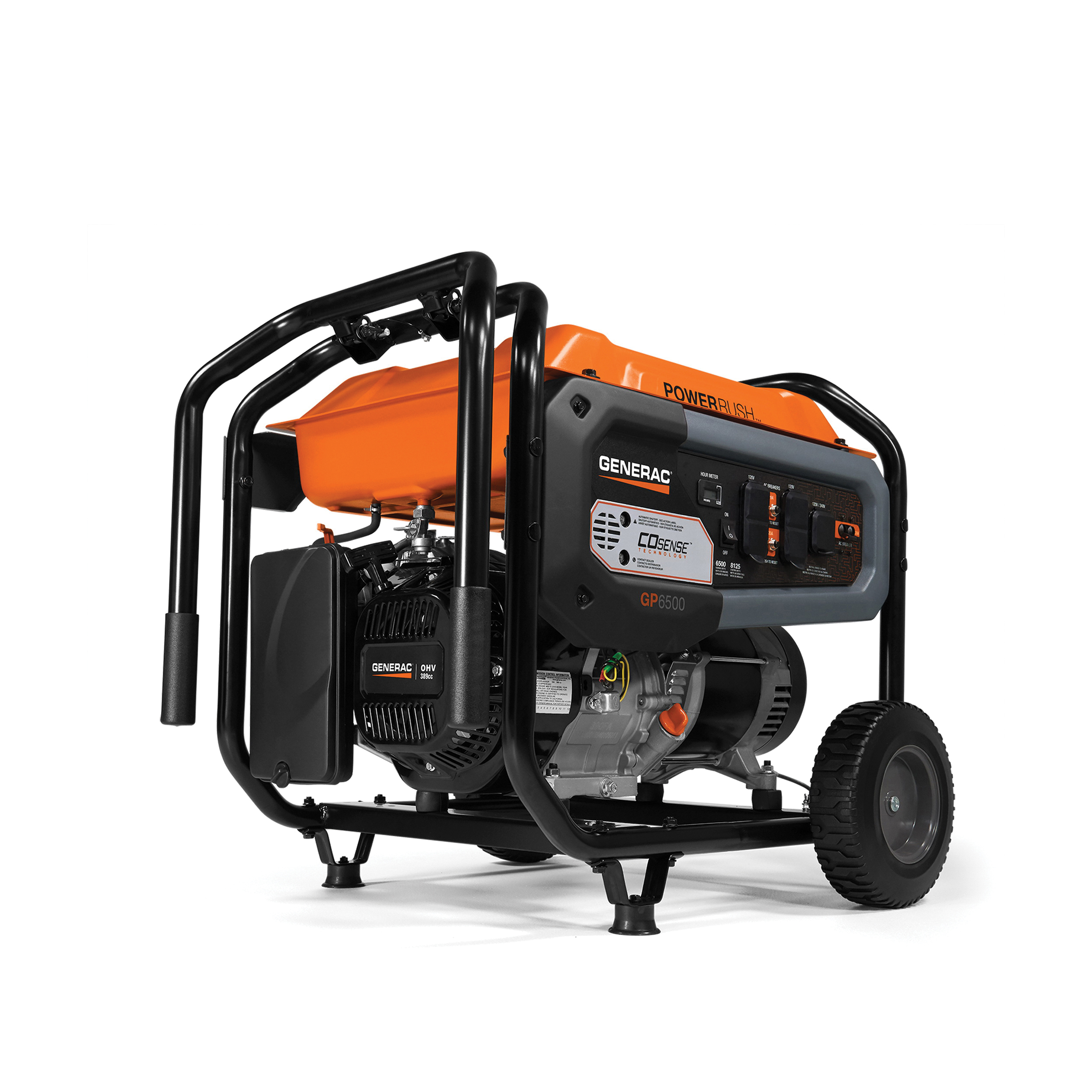 Generac 7680 GP Series Portable Generator, 120/240 VAC, 54.2/27.1 A, 6500 W Power Rating, OHV Engine, 3600 rpm Speed