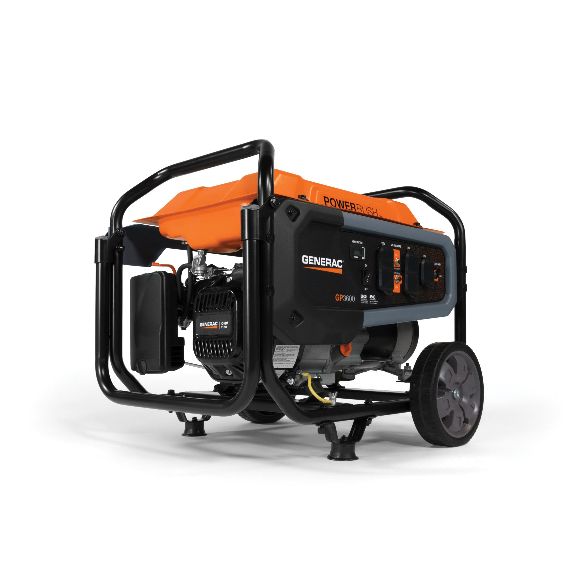 Generac 7677 GP Series Portable Generator, 120 VAC, 30 A, 3600 W Power Rating, OHV Engine, 3600 rpm Speed