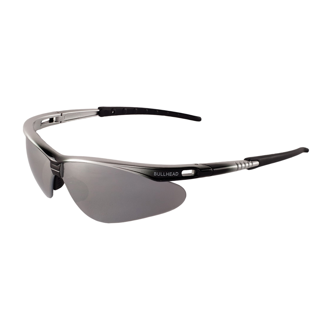 Bullhead Safety Eyewear Stinger BH6117 Safety Glasses, Anti-Scratch, Silver Mirror Lens, Half Framed Frame, Shiny Black to Silver, Plastic Frame, ANSI Z87.1-2015