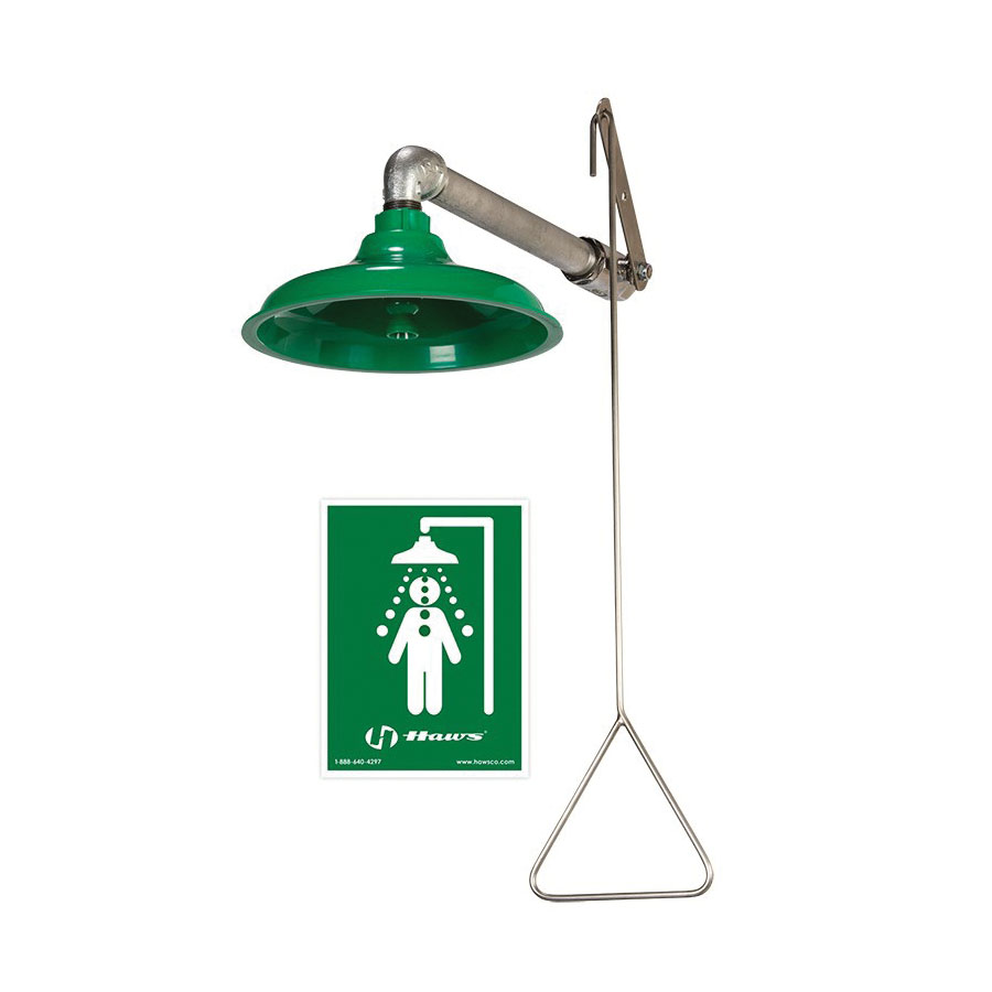 Haws AXION 8122 MSR Emergency Drench Shower, Wall Mount, Galvanized Steel Pipe, ABS Shower Head, 11 in Dia Head, 20 gpm Flow Rate, Pull Rod Operation, Galvanized Steel Fitting