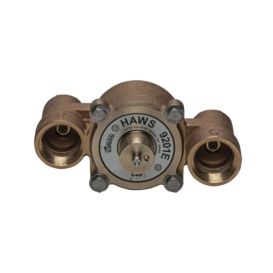 Haws AXION 9201E Emergency Tempering Thermostatic Mixing Valve, 1/4 in Nominal, FNPT End Style, 125 psi Pressure, 1 to 31 gpm Flow, Brass Body