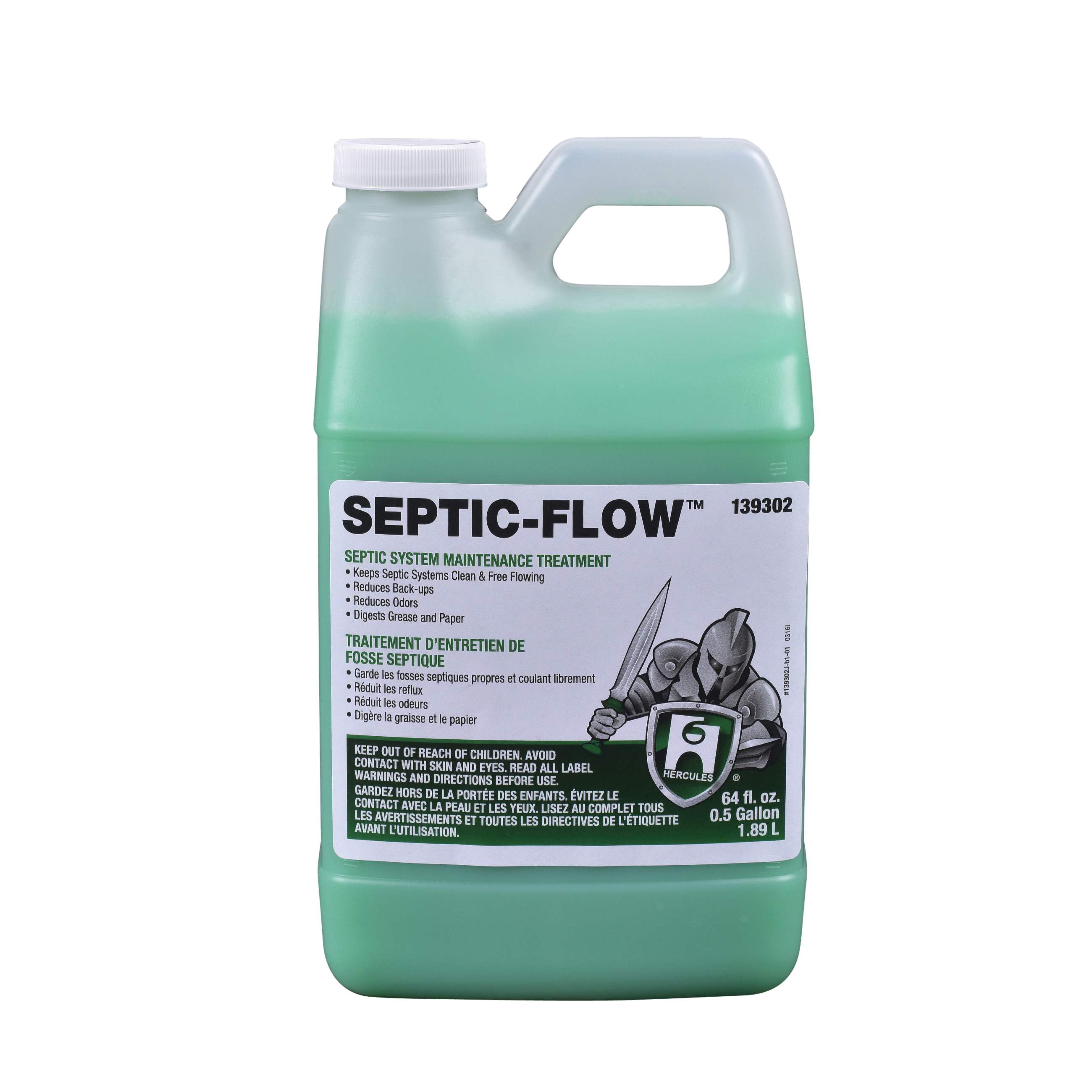 Hercules Septic-Flow 139302 Maintenance Treatment Cleaner, 64 oz, Liquid Form, Green, Mild Odor/Scent