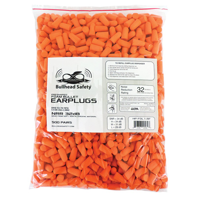 Bullhead Safety Hearing Protection PVC-Free Polyurethane Foam NRR 32 dB Earplug 250 Pair Refill Pack One Size