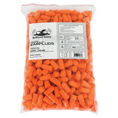 Bullhead Safety Hearing Protection PVC-Free Polyurethane Foam NRR 32 dB Earplug 250 Pair Refill Pack One Size