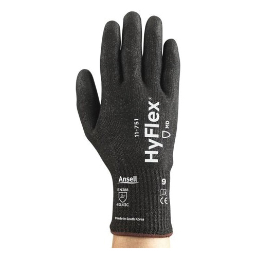 HyFlex 11-751-10 Medium Duty Cut Resistant Gloves, SZ 10, Polyurethane Coating, Intercept Technology, Knit Wrist Cuff, Resists: Abrasion, Cut and Puncture, ANSI Cut-Resistance Level: A4, ANSI Puncture-Resistance Level: 4, Ambidextrous Hand