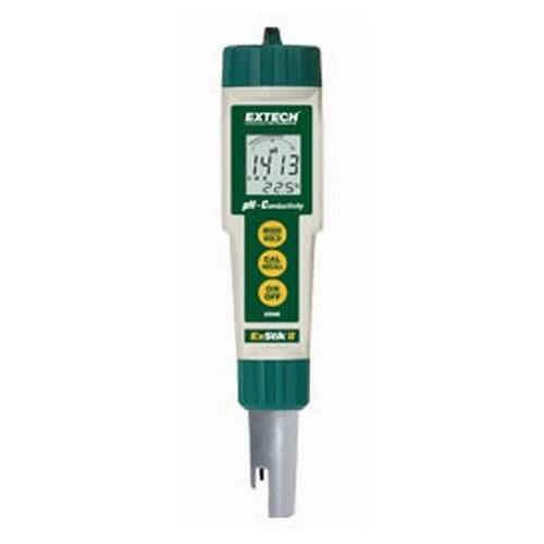 Extech ExStik II EC500 Combination Waterproof pH/Conductivity Meter, 0 to 14 pH, 0 to 199.9 uS/cm, 200 to 1999 uS/cm, 2 to 19.99 mS/cm, 23 to 194 deg F, -5 to 90 deg C, -14 to 140 deg F