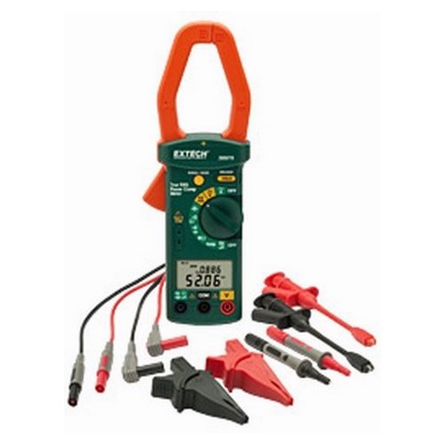 Extech 380976-K True RMS AC Power Clamp Meter Kit, 1000 A AC, 1000 uA AC/DC, 600 VAC/VDC, 1/3-Phase, 600 kW, 800 hp, 1000 kOhm, 40 Hz to 1 kHz, 1.6 in Jaw, Dual LCD Display