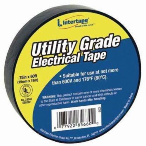 ipg 602 Economy-Grade General Purpose Electrical Tape, 60 ft L x 3/4 in W, 7 mil THK, Rubber Adhesive, PVC Film Backing, Black