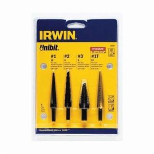 Irwin Unibit 10228 General Purpose Step Drill Set, #3 Min Drill Bit, #1 Max Drill Bit, 4 Pieces, HSS, TiN Coated