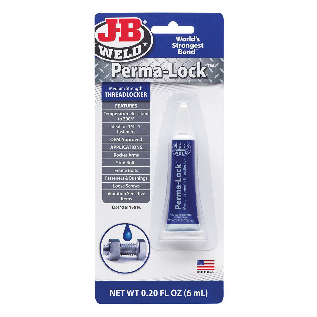 J-B Weld Perma-Lock 24206 Medium Strength Threadlocker, 6 mL Tube, Liquid Form, Blue