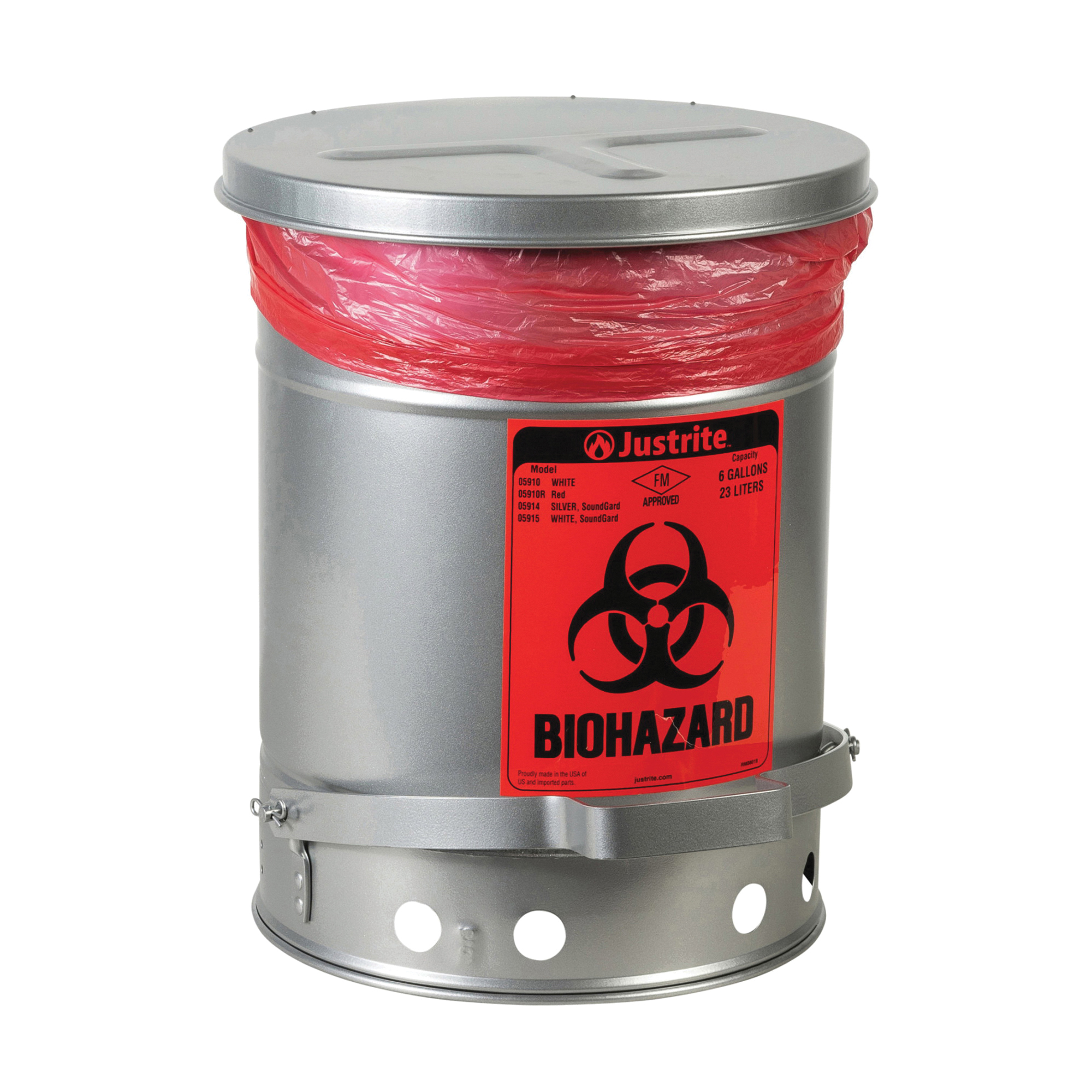 Justrite 05914 Biohazard Waste Can With Foot Operated Self-Closing SoundGard Cover, 6 gal Capacity, 15.866 in Dia, 15-7/8 in H, Steel, Silver