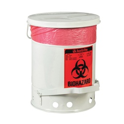 Justrite 05915 Biohazard Waste Can With Foot Operated Self-Closing SoundGard Cover, 6 gal Capacity, 15.866 in Dia, 15-7/8 in H, Steel, White