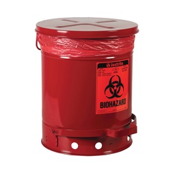 Justrite 05930R Biohazard Waste Can With Foot Operated Self-Closing SoundGard Cover, 10 gal Capacity, 13.937 in Dia, 18-1/4 in H, Steel, Red